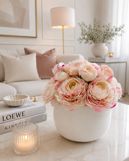 BLUSH GARDEN RANUNCULUS IN WHITE VASE