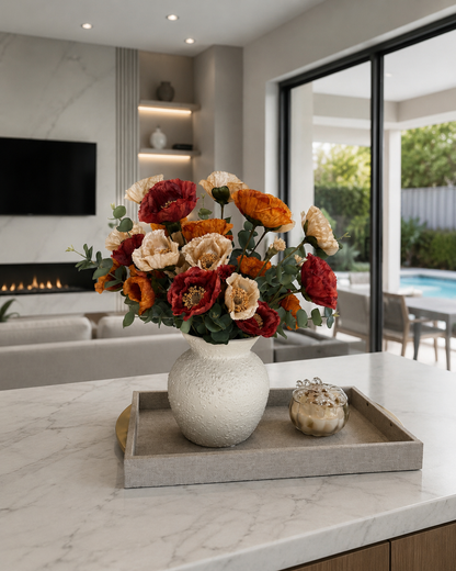 AUTUMN POPPY FLORAL ARRANGEMENT IN TEXTURED CREAM VASE