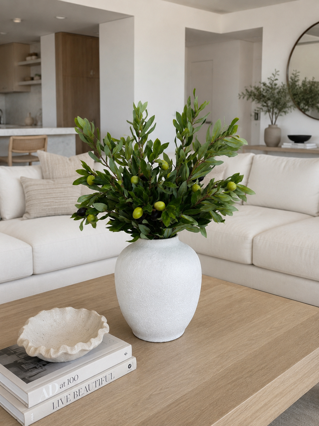 ARTIFICIAL OLIVE BRANCH ARRANGEMENT IN TEXTURED WHITE VASE