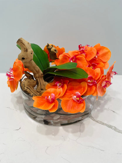 BOWL WITH WHITE ORCHIDS AND WOOD