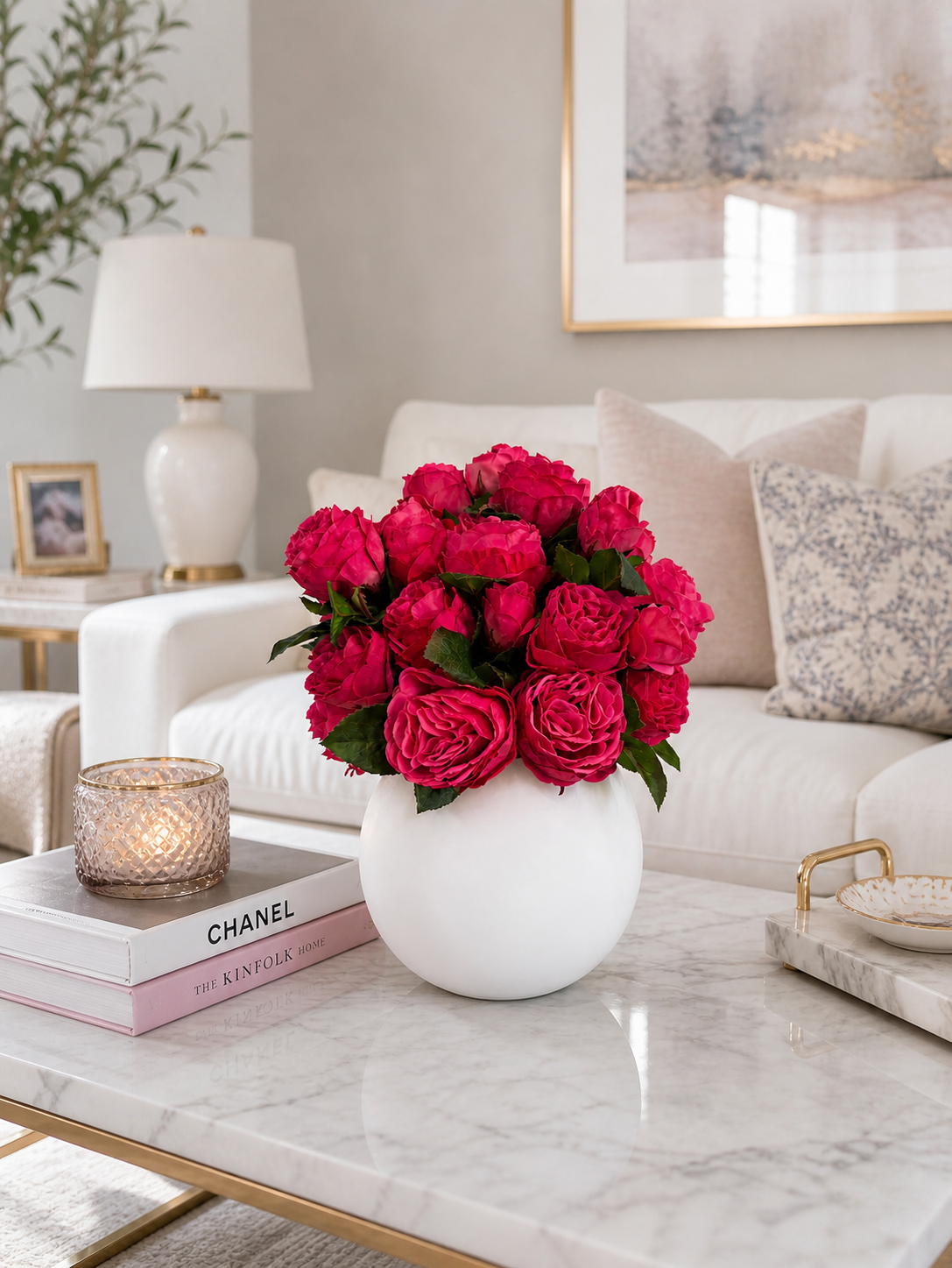 LUXURY FUCHSIA ROSE ARRANGEMENT IN WHITE VASE