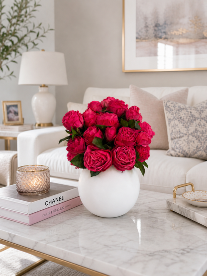 LUXURY FUCHSIA ROSE ARRANGEMENT IN WHITE VASE