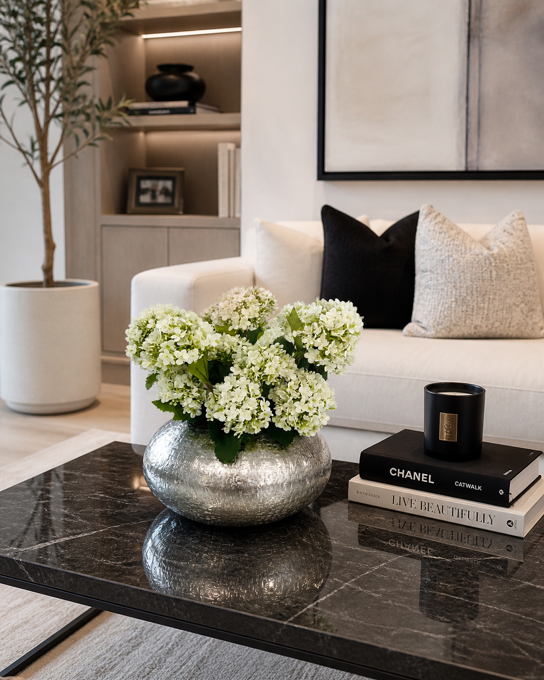 SNOWBALL HYDRANGEAS IN METAL SILVER VASE