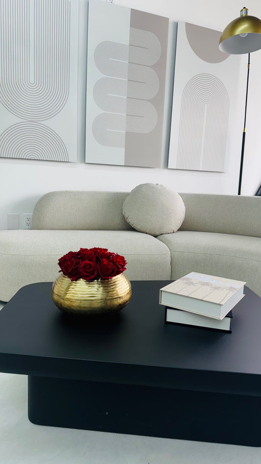 RED ROSES IN GOLD VASE