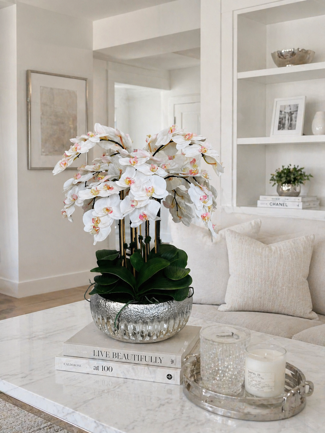 ARTIFICIAL PHALAENOPSIS ORCHID ARRANGEMENT IN METAL SILVER VASE