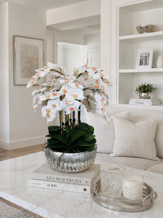 ARTIFICIAL PHALAENOPSIS ORCHID ARRANGEMENT IN METAL SILVER VASE