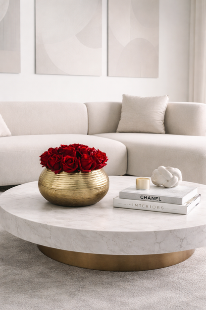 RED ROSES IN GOLD VASE