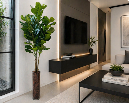 FIDDLE LEAF WITH WOOD IN GLASS CYLINDER