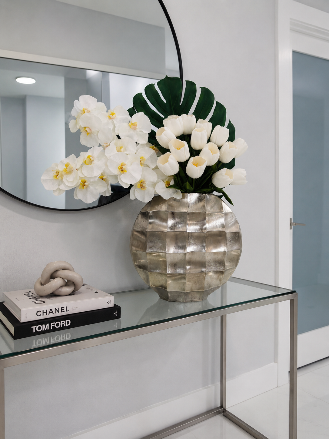LUXURY WHITE ORCHIDS & TULIPS ARRANGEMENT IN MOTHER OF SILVER METAL VASE