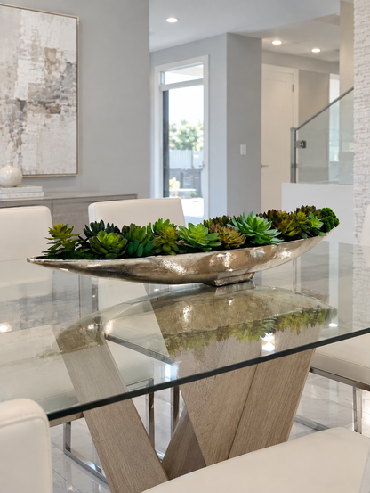 LUXURY GREEN SUCCULENT ARRANGEMENT IN SILVER BOAT VASE