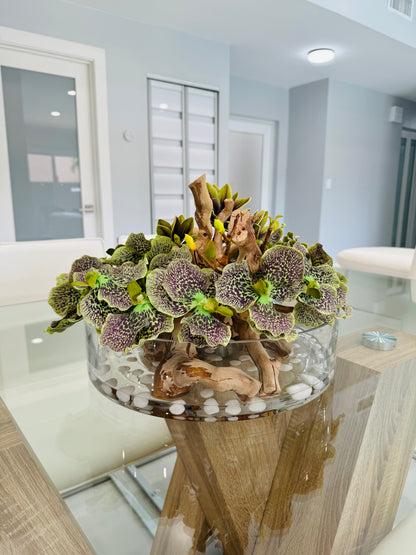 BOWL WITH ORCHIDS, MAGNOLIAS AND WOOD