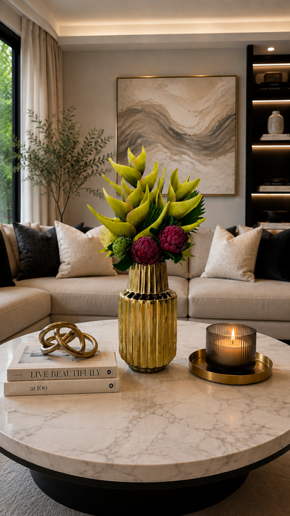 TROPICAL PROTEA & HELICONIA ARRANGEMENT IN GOLD VASE