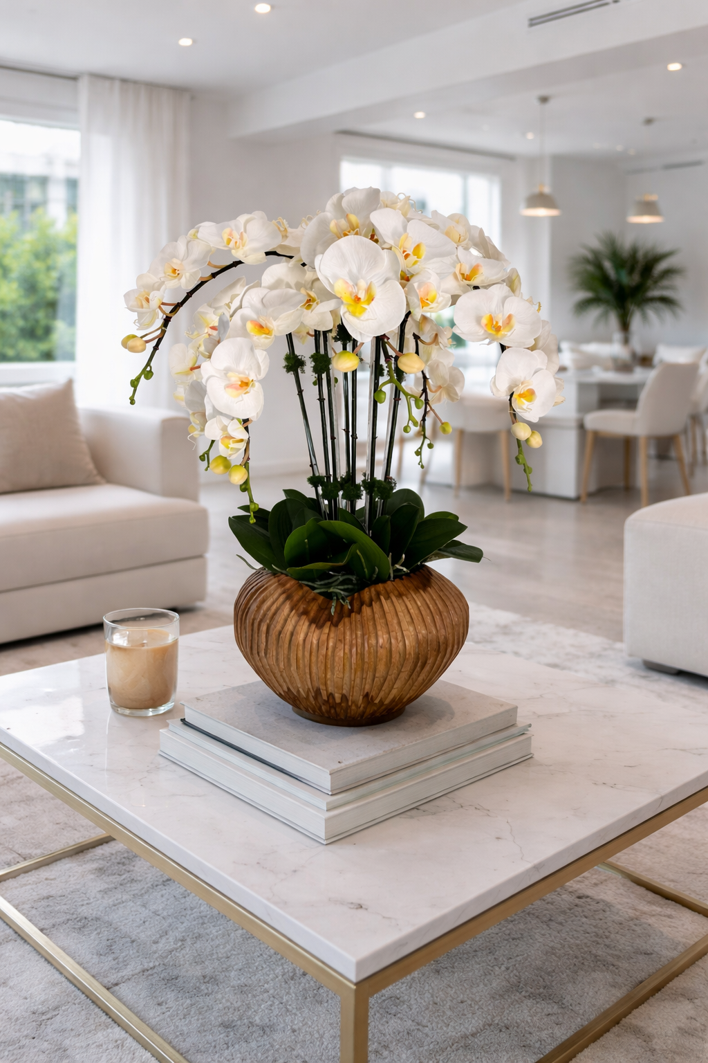 ARTIFICIAL PHALAENOPSIS ORCHID ARRANGEMENT IN WOOD VASE