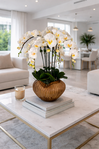 ARTIFICIAL PHALAENOPSIS ORCHID ARRANGEMENT IN WOOD VASE