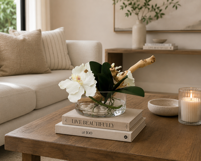 BOWL WITH VANDA ORCHIDS AND WOOD