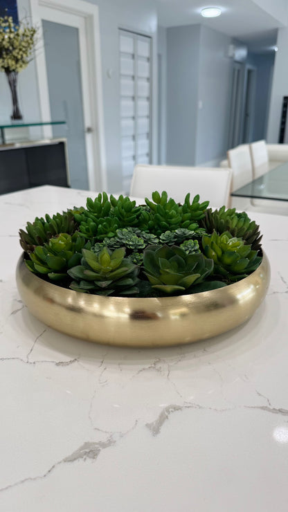ARTIFICIAL SUCCULENT CENTERPIECE IN GOLD BOWL