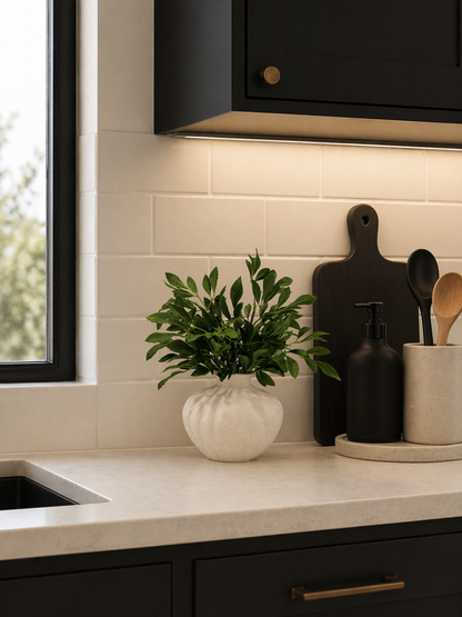 ARTIFICIAL GREENERY ARRANGEMENT IN TEXTURED CERAMIC VASE