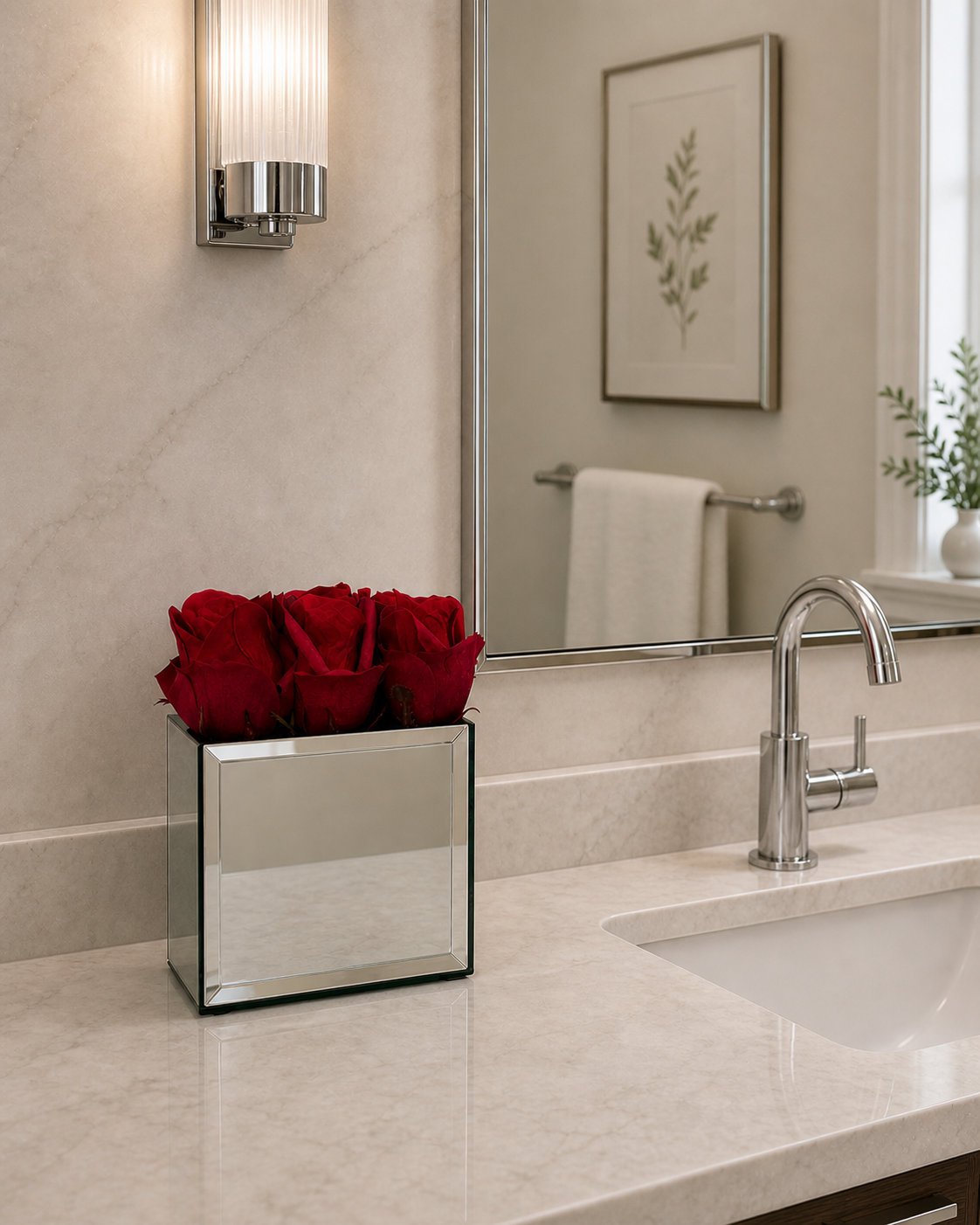 REAL TOUCH RED ROSE IN MIRROR VASE