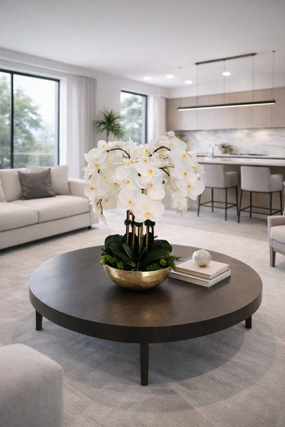 ARTIFICIAL PHALAENOPSIS ORCHID ARRANGEMENT IN GOLD VASE