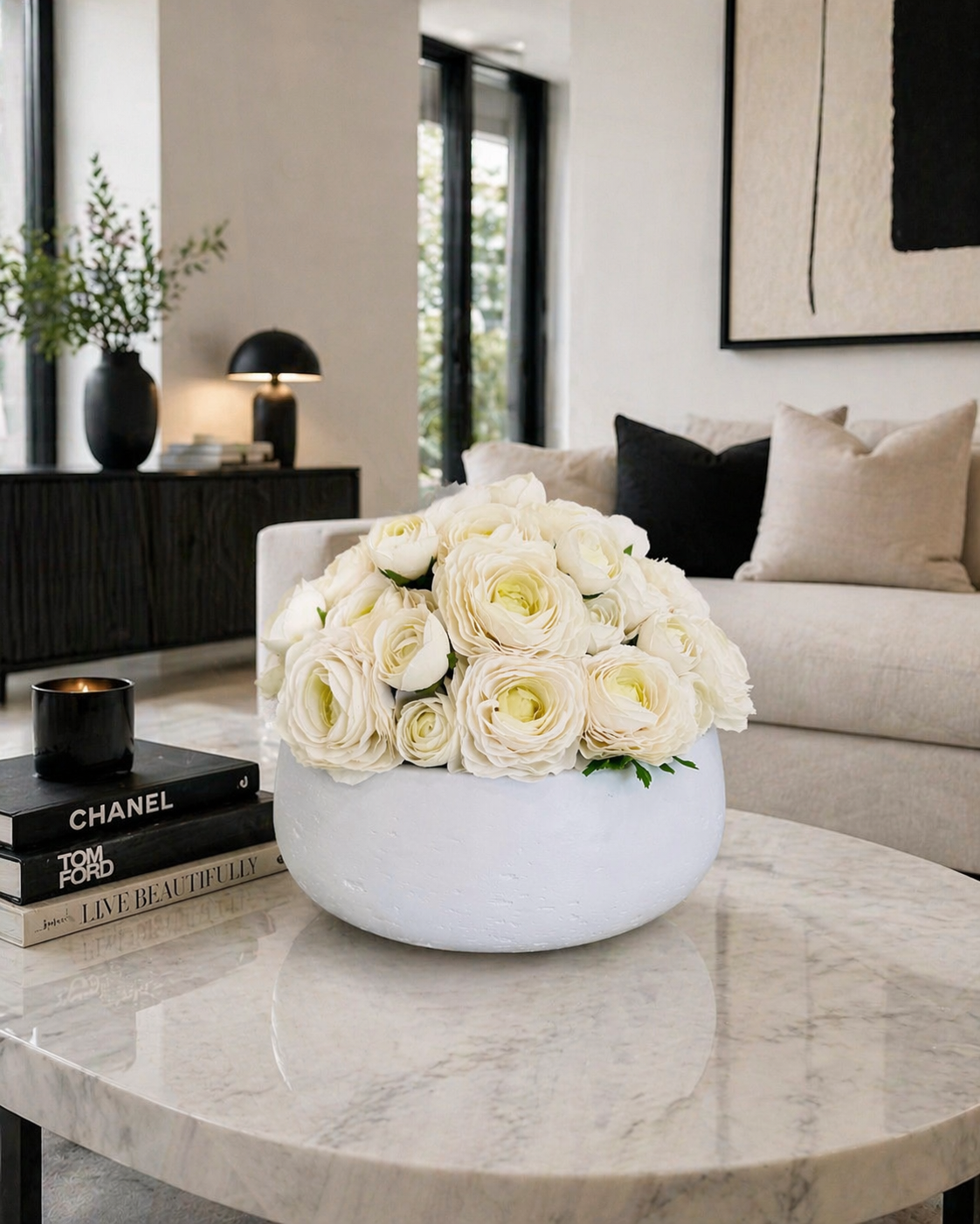 RANUNCULUS IN WHITE CERAMIC VASE
