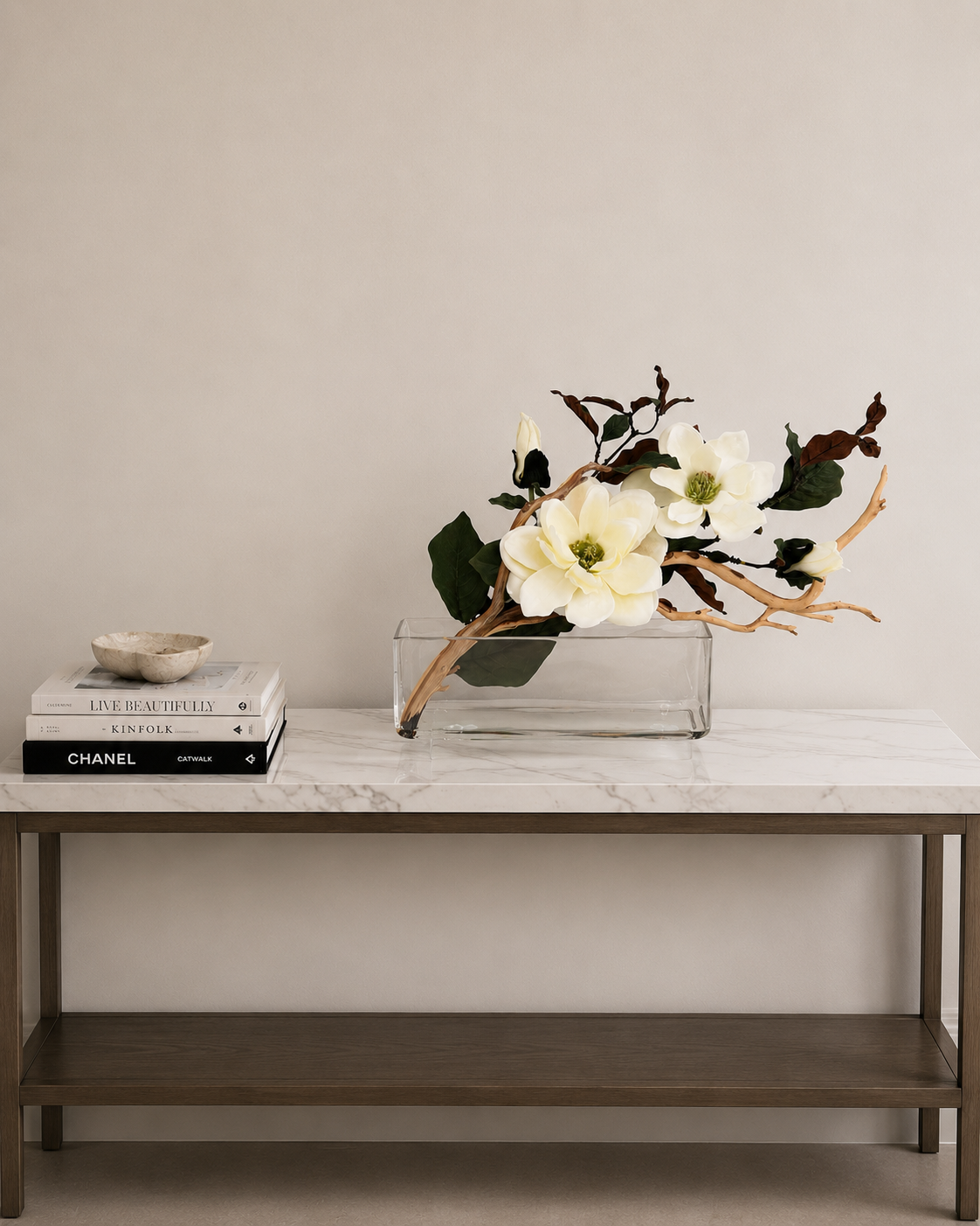 MAGNOLIA WITH BRANCH AND WOOD IN RECTANGULAR VASE