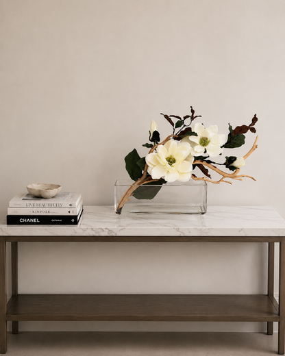 MAGNOLIA WITH BRANCH AND WOOD IN RECTANGULAR VASE
