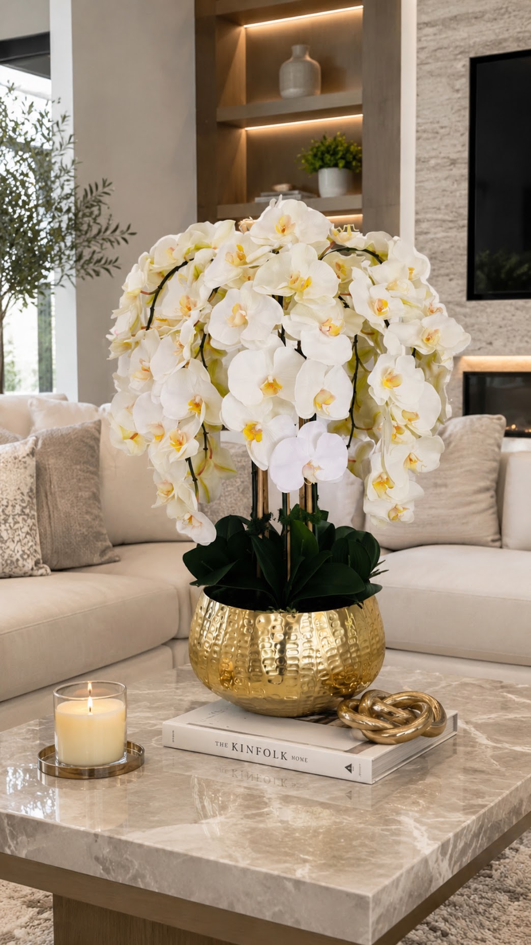 ARTIFICIAL PHALAENOPSIS ORCHID ARRANGEMENT IN GOLD VASE
