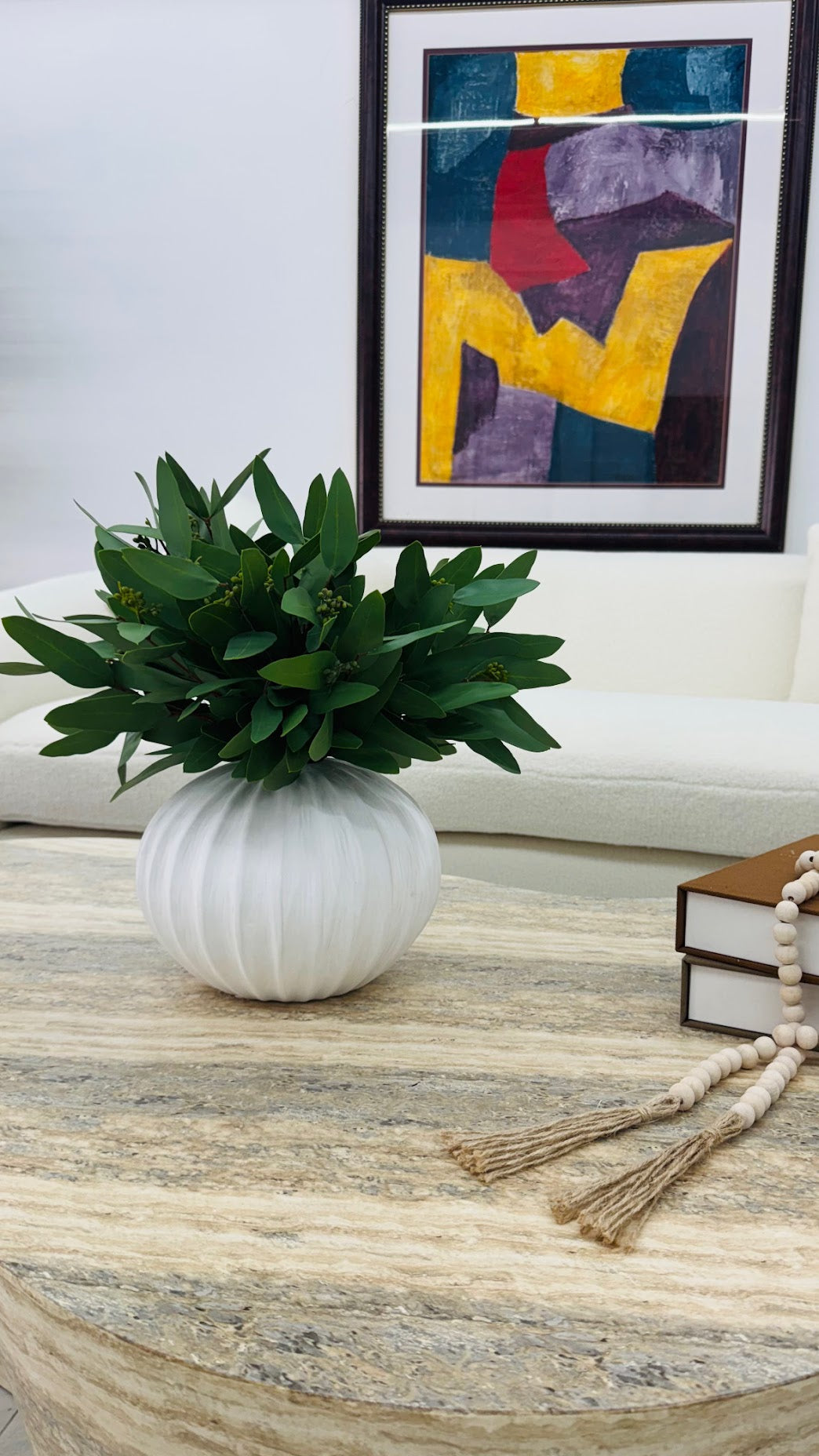 EUCALYPTUS LEAF IN WHITE CERAMIC VASE