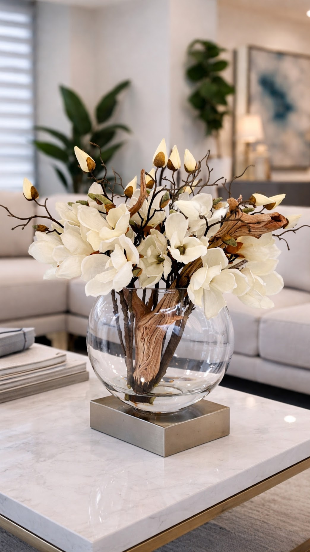 MAGNOLIAS IN MOON GLASS VASE