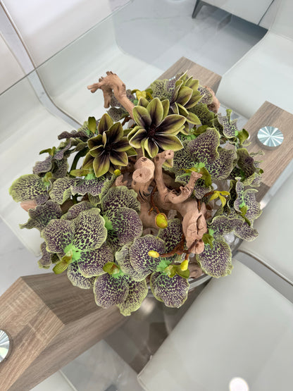 BOWL WITH ORCHIDS, MAGNOLIAS AND WOOD
