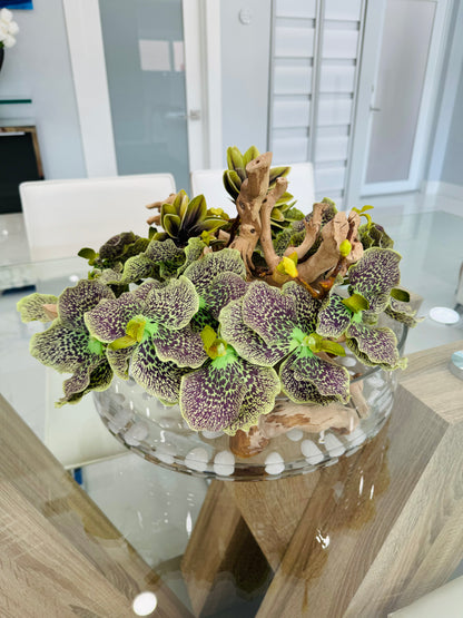 BOWL WITH ORCHIDS, MAGNOLIAS AND WOOD