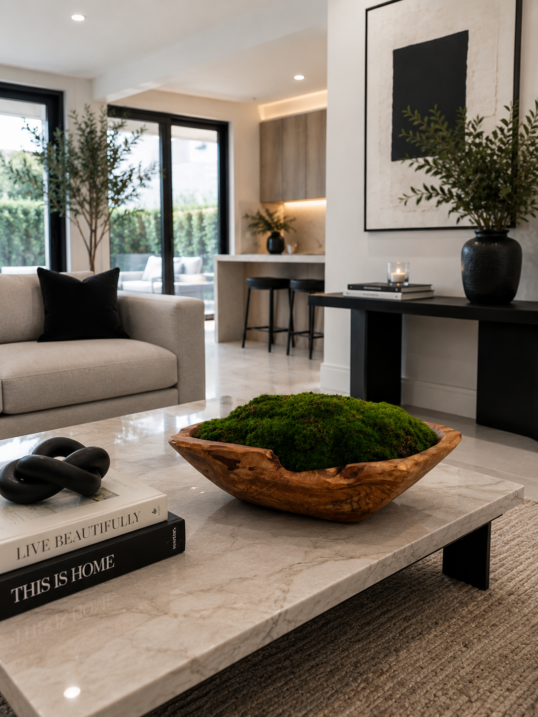 DECORATIVE MOSS ARRANGEMENT IN NATURAL WOOD BOWL