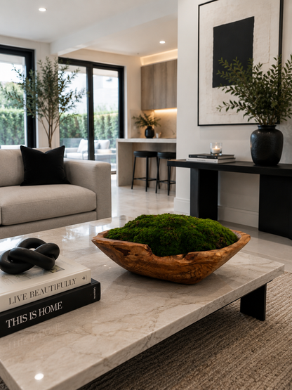 DECORATIVE MOSS ARRANGEMENT IN NATURAL WOOD BOWL