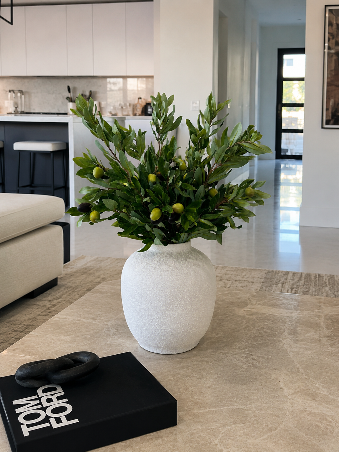 ARTIFICIAL OLIVE BRANCH ARRANGEMENT IN TEXTURED WHITE VASE