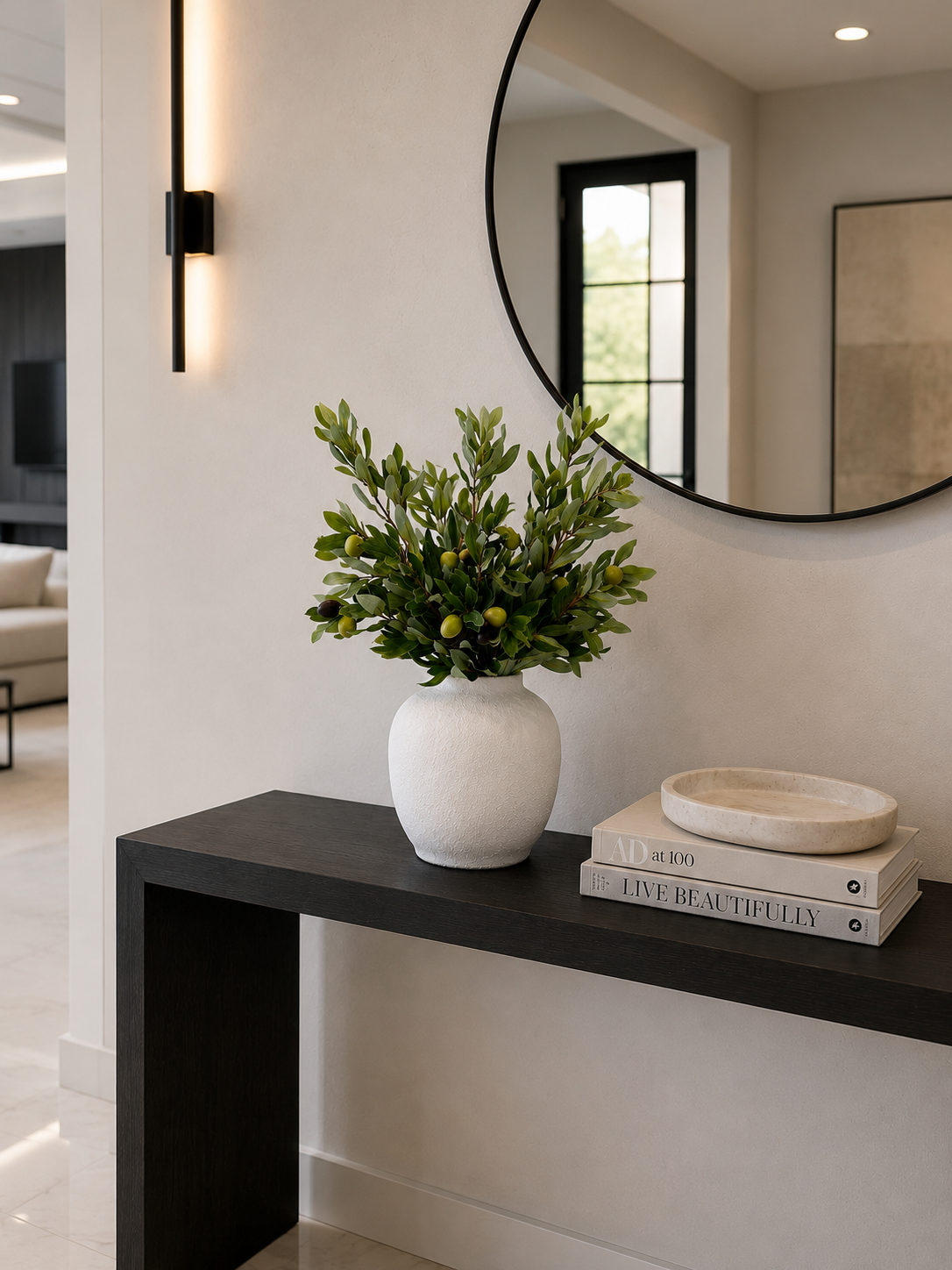 ARTIFICIAL OLIVE BRANCH ARRANGEMENT IN TEXTURED WHITE VASE