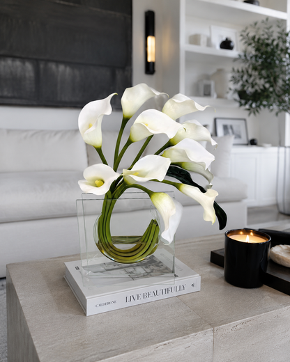 WHITE CALLA LILY ARRANGEMENT IN MODERN GLASS VASE