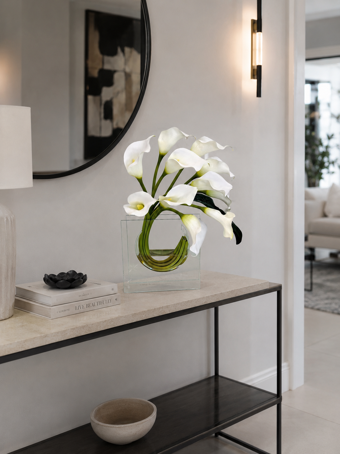 WHITE CALLA LILY ARRANGEMENT IN MODERN GLASS VASE