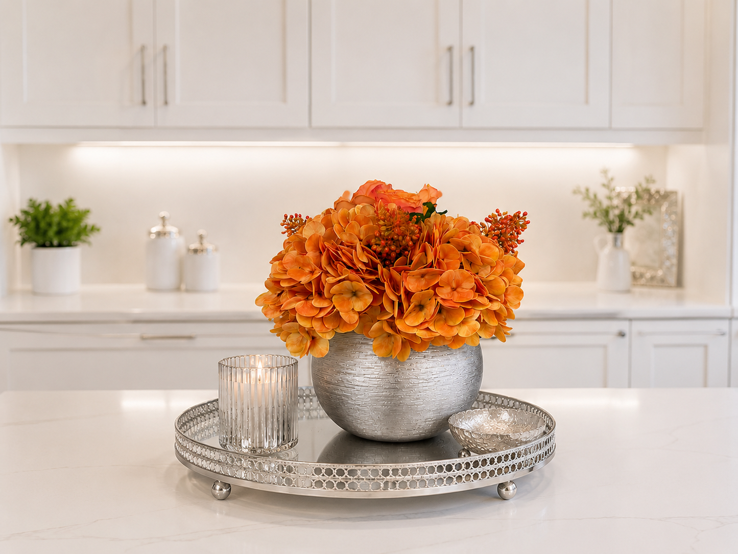 RADIANCE HYDRANGEAS IN SILVER VASE