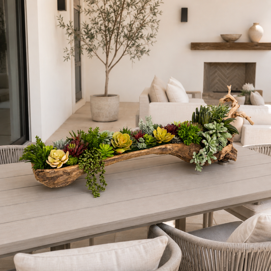 SUCCULENT ARRANGEMENT IN NATURAL WOOD BASE