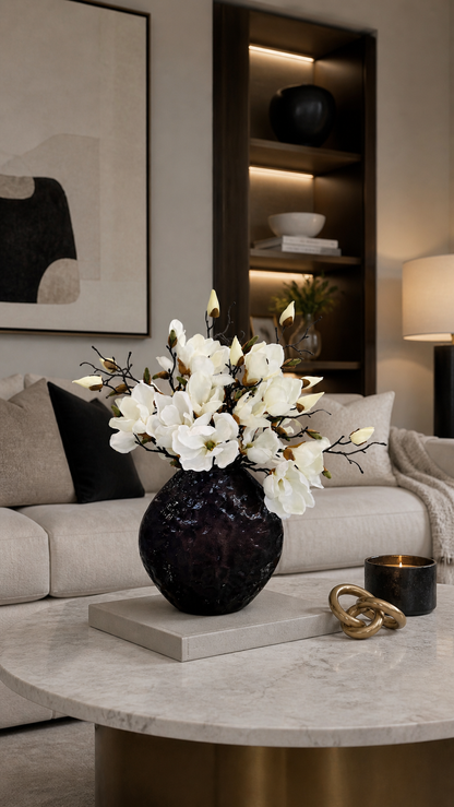 ELEGANT CREAM MAGNOLIA IN TEXTURED VASE