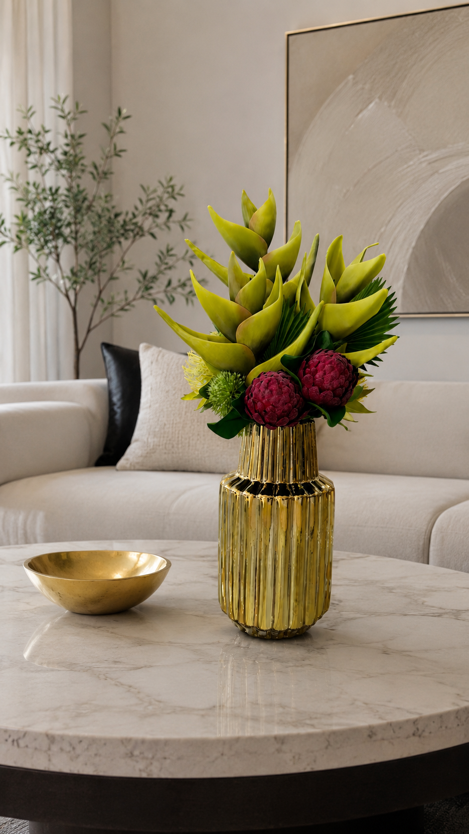 TROPICAL PROTEA & HELICONIA ARRANGEMENT IN GOLD VASE