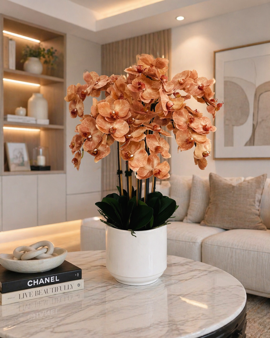 ARTIFICIAL PHALAENOPSIS ORCHID ARRANGEMENT IN WHITE POT