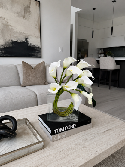 WHITE CALLA LILY ARRANGEMENT IN MODERN GLASS VASE
