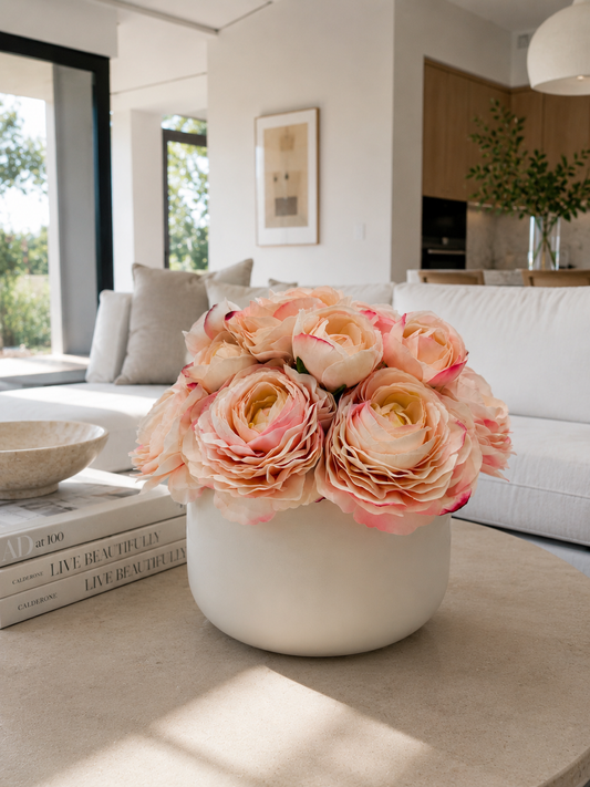 BLUSH GARDEN RANUNCULUS IN WHITE VASE
