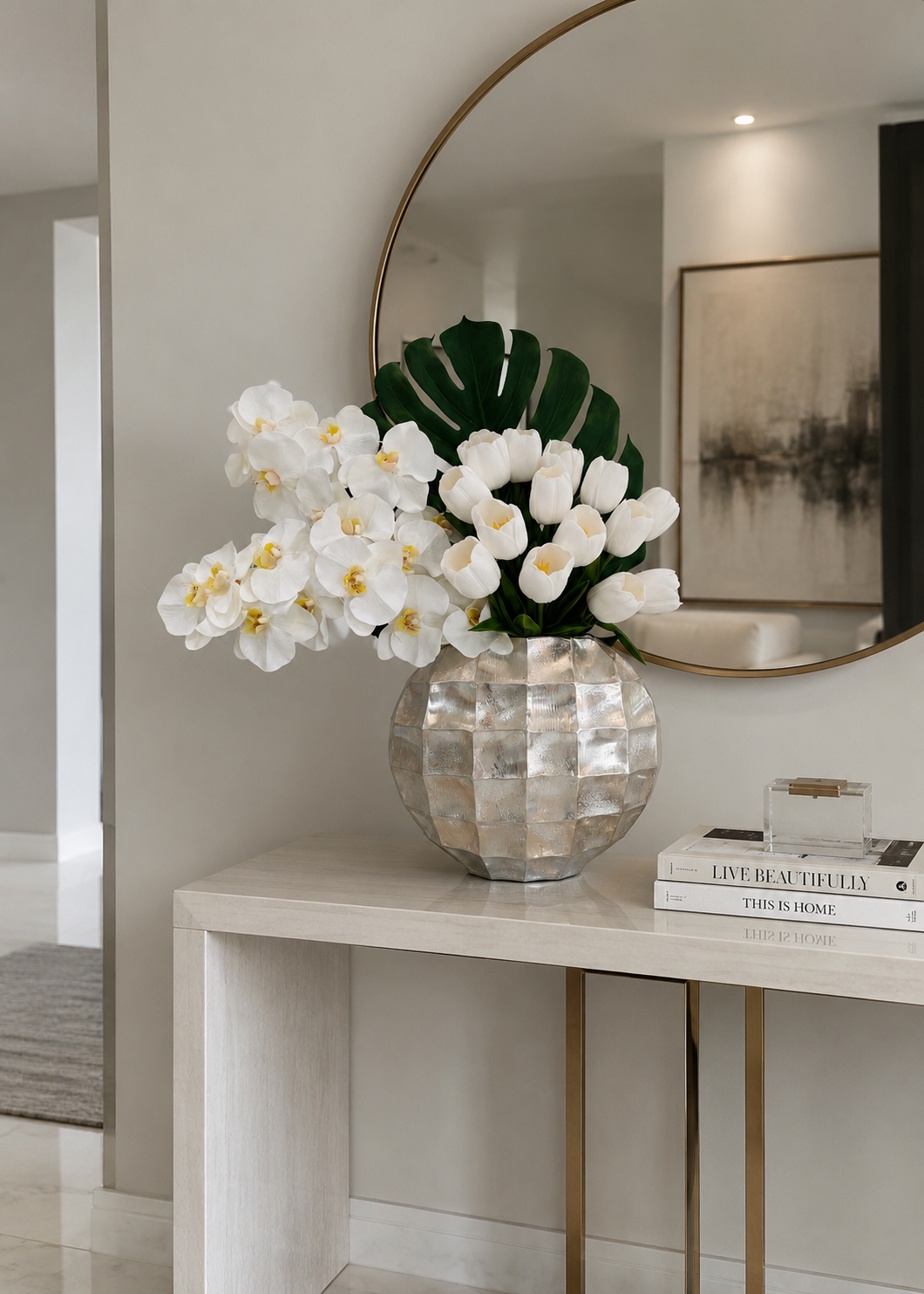 LUXURY WHITE ORCHIDS & TULIPS ARRANGEMENT IN MOTHER OF SILVER METAL VASE