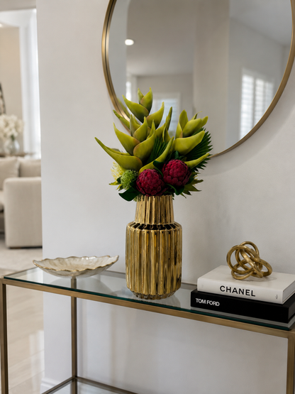 TROPICAL PROTEA & HELICONIA ARRANGEMENT IN GOLD VASE