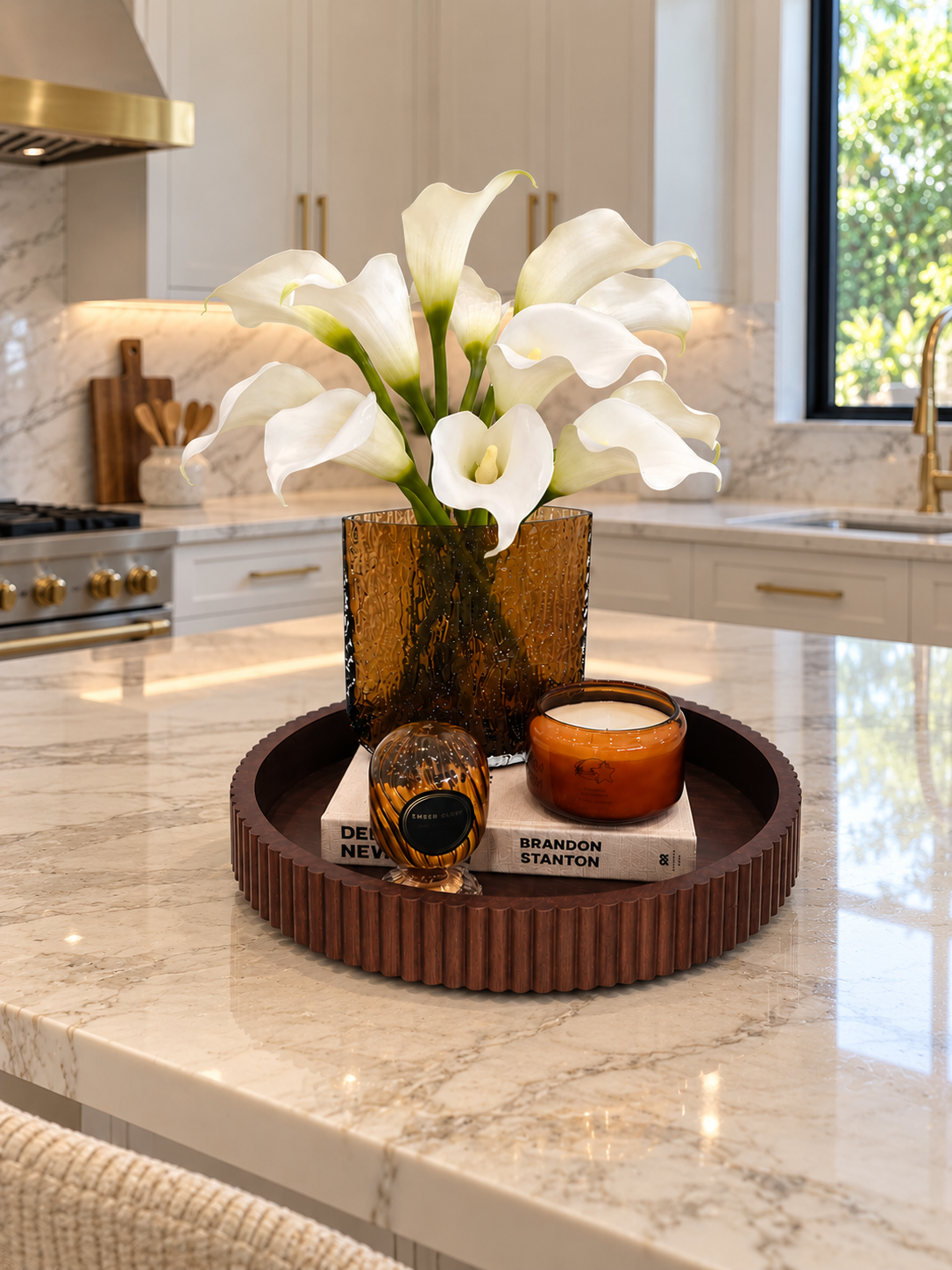 ELEGANT WHITE CALLA LILY & AMBER GLASS DECORATIVE SET