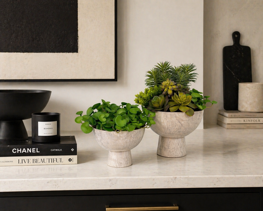 SET OF 2 ARTIFICIAL SUCCULENTS IN MODERN MARBLE METAL VASES