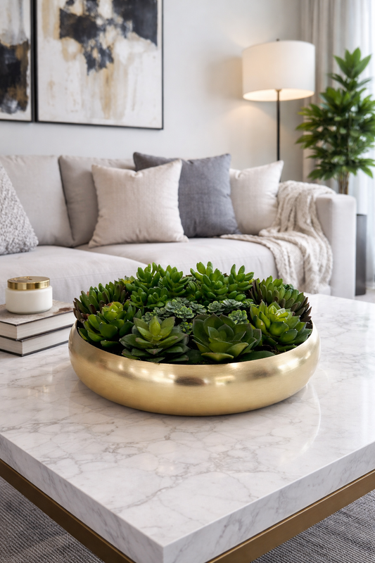 ARTIFICIAL SUCCULENT CENTERPIECE IN GOLD BOWL
