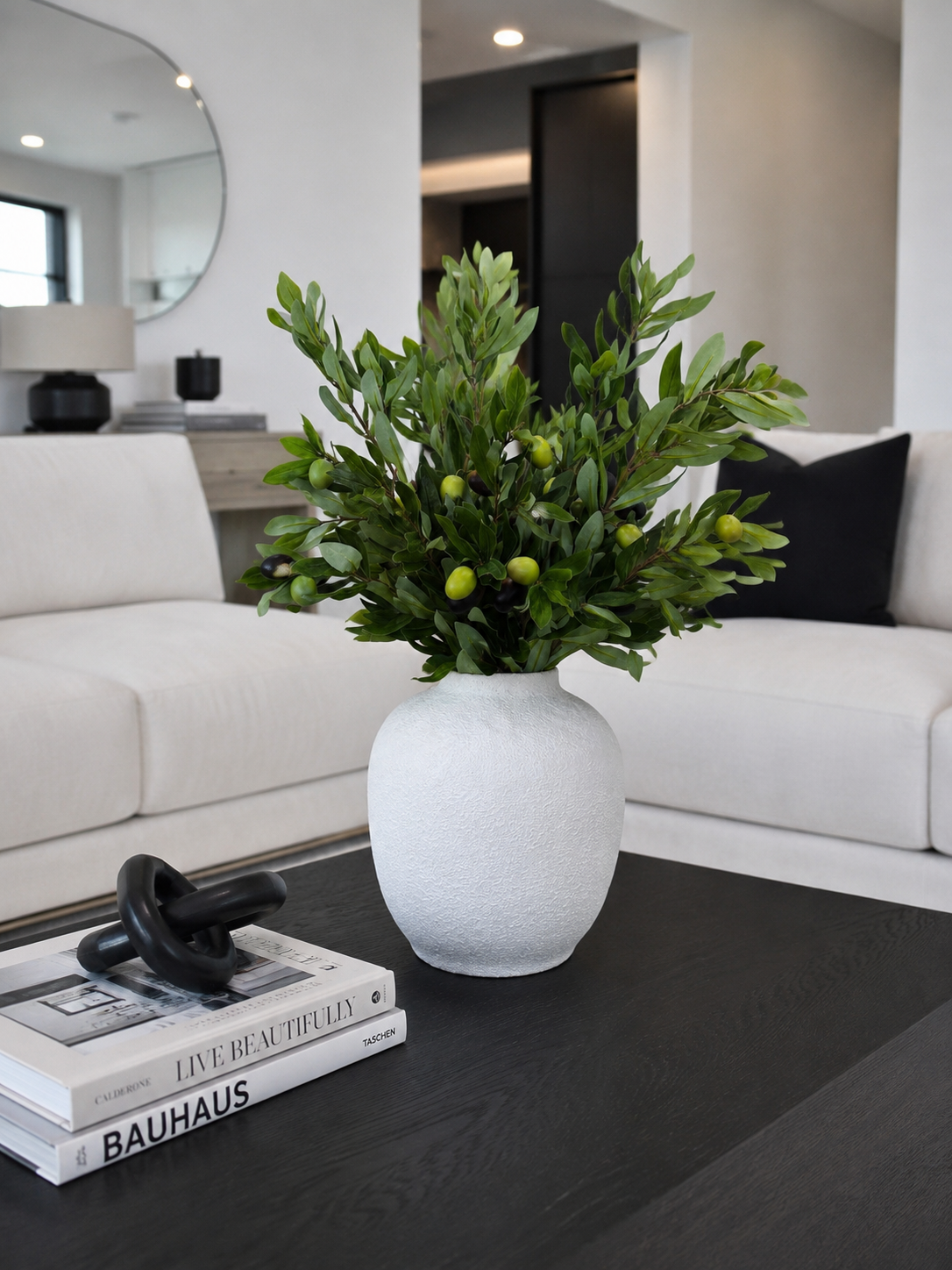 ARTIFICIAL OLIVE BRANCH ARRANGEMENT IN TEXTURED WHITE VASE